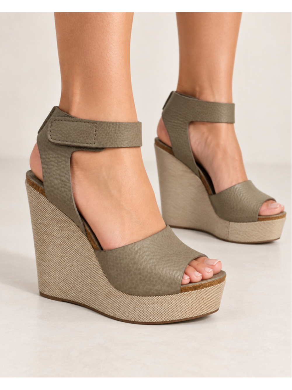 Pedro Garcia Taupe Green Pebbled Leather Platform Wedge Sandals EU 37.5